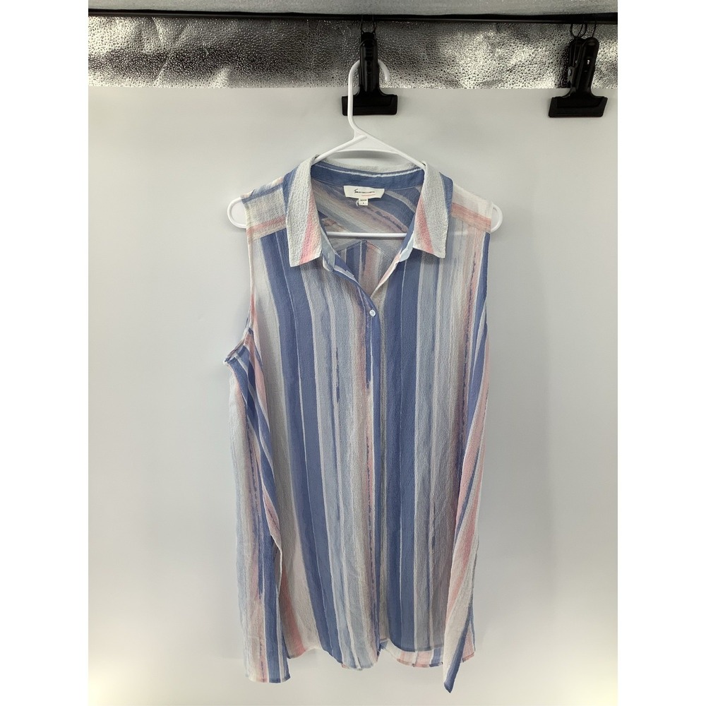 Two by Vince Camuto Blue Pink Striped Sleeveless Button Up Crinkle Blouse L